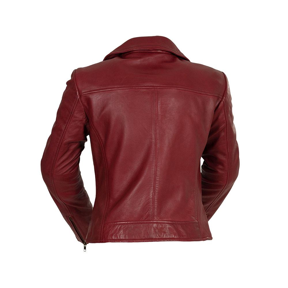 Betsy Oxblood leather jacket featuring zip sleeves and classic fit, showcasing premium lambskin leather.