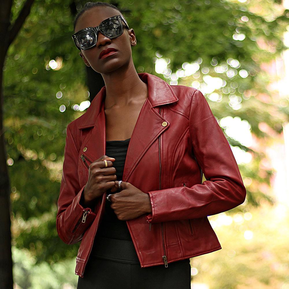 Betsy Oxblood leather jacket featuring zip sleeves and classic fit, showcasing premium lambskin leather.