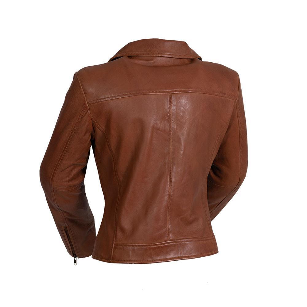 Betsy Women's Leather Jacket in oxblood color, showcasing genuine sheepskin leather and stylish zip sleeves.