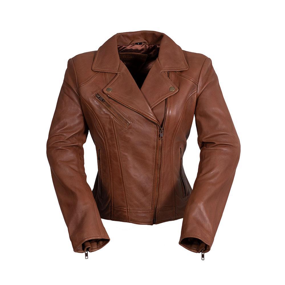 Betsy Women's Leather Jacket in oxblood color, showcasing genuine sheepskin leather and stylish zip sleeves.