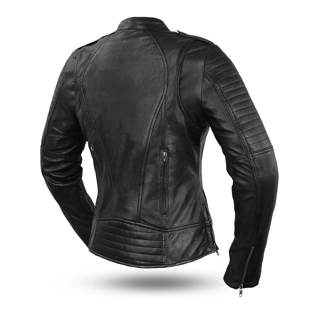 Women's leather motorcycle jacket featuring a stylish scooter design with a double snap banded collar and zippered pockets.