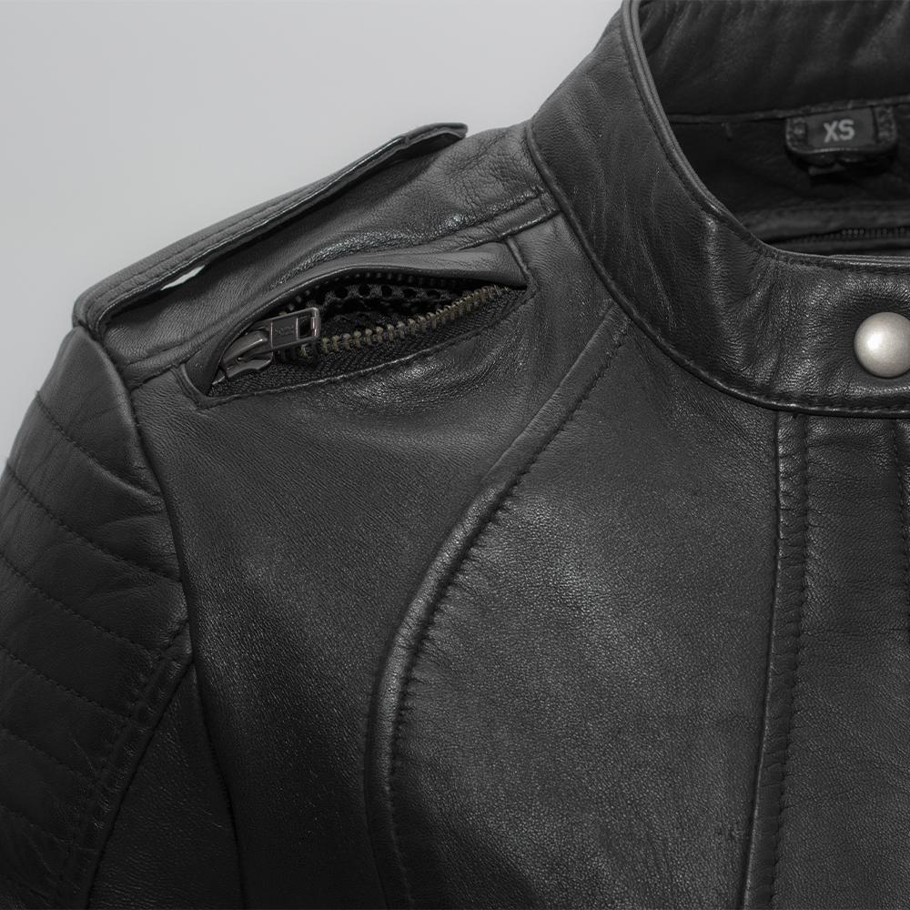 Women's leather motorcycle jacket featuring a stylish scooter design with a double snap banded collar and zippered pockets.