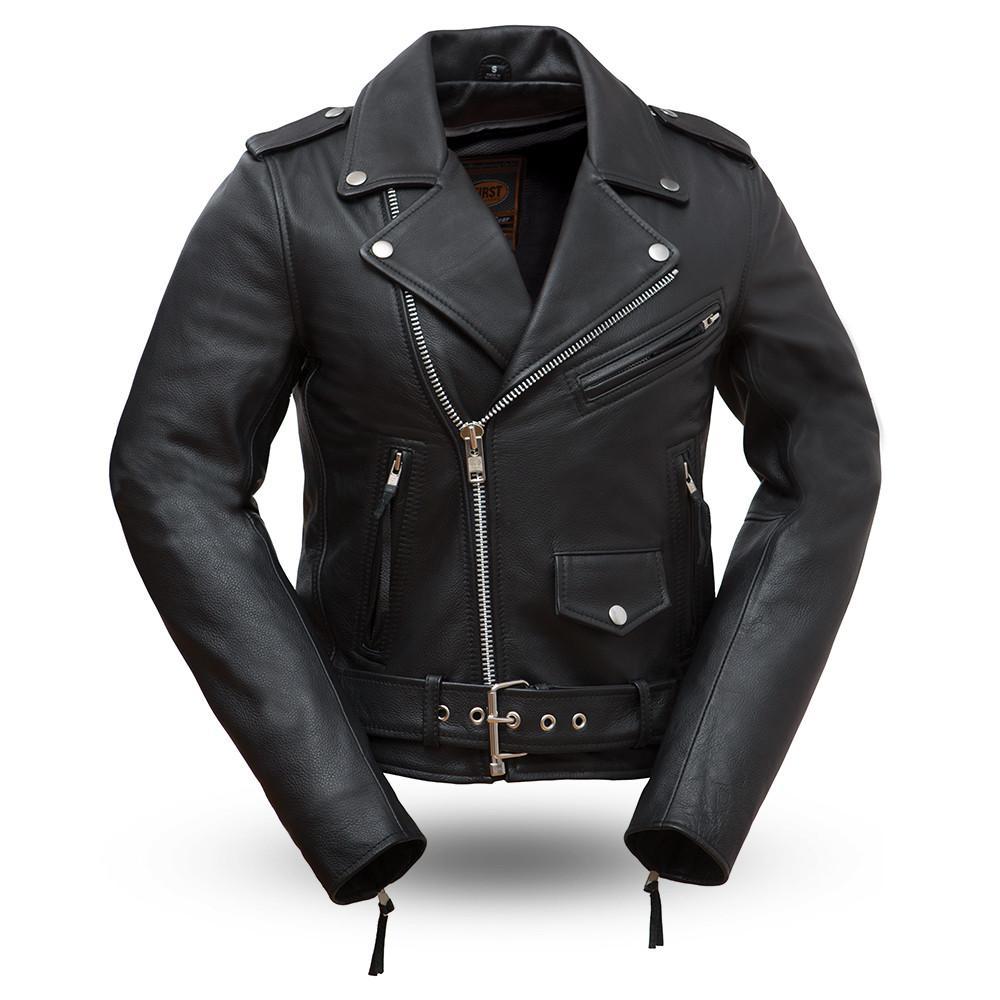 Billy Women's Motorcycle Leather Jacket made from genuine cowhide leather with asymmetrical zipper and multiple pockets.