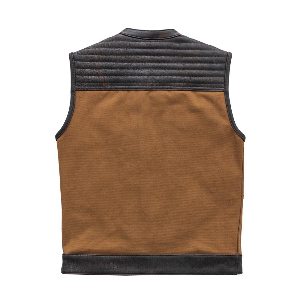 Bison Men's Club Style Leather/Canvas Vest featuring diamond distressed brown shoulders and multiple pockets.