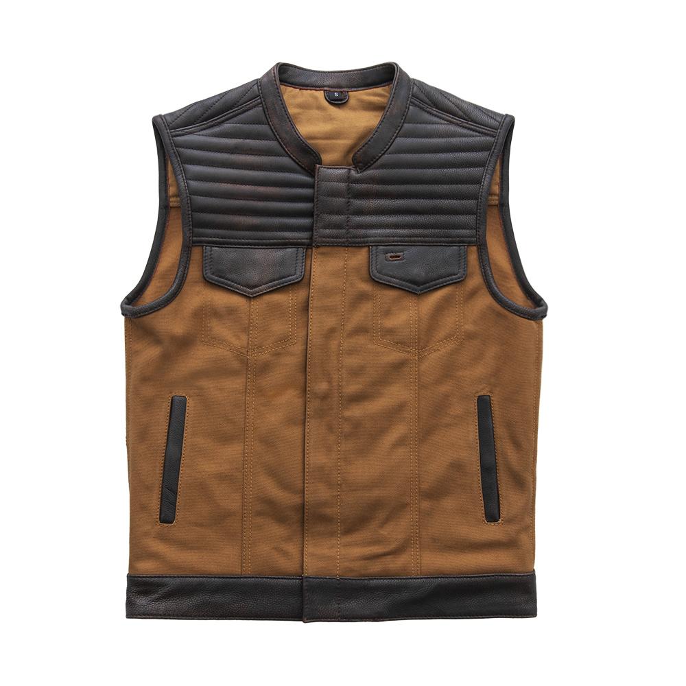 Bison Men's Club Style Leather/Canvas Vest featuring diamond distressed brown shoulders and multiple pockets.