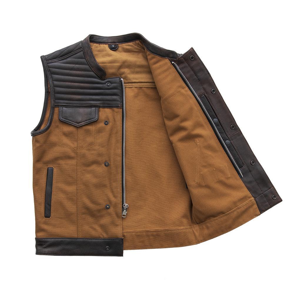 Bison Men's Club Style Leather/Canvas Vest featuring diamond distressed brown shoulders and multiple pockets.