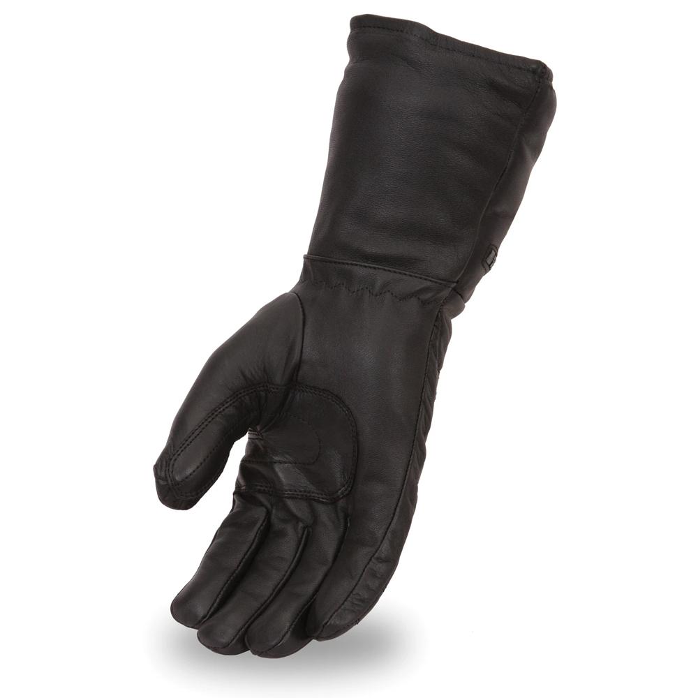 Black Rock men's motorcycle leather gloves in premium cowhide, featuring a zippered gauntlet and water repellent rain mitt.