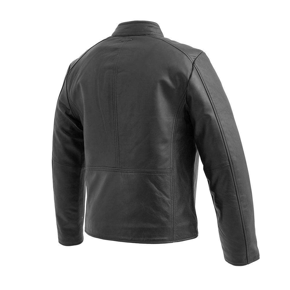 Blake Lambskin Leather Jacket featuring a scooter collar and multiple pockets, showcasing its premium quality and stylish design.