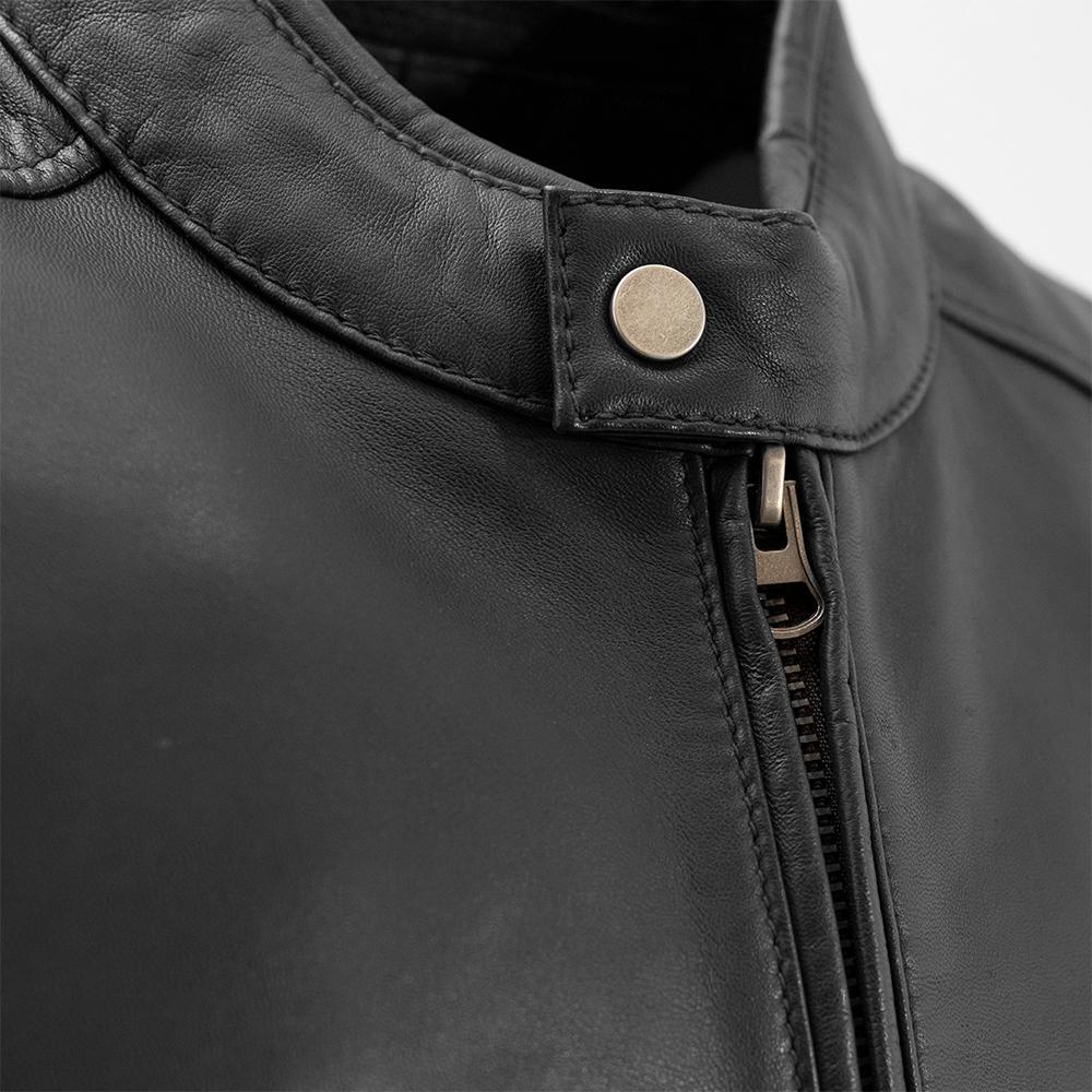 Blake Lambskin Leather Jacket featuring a scooter collar and multiple pockets, showcasing its premium quality and stylish design.