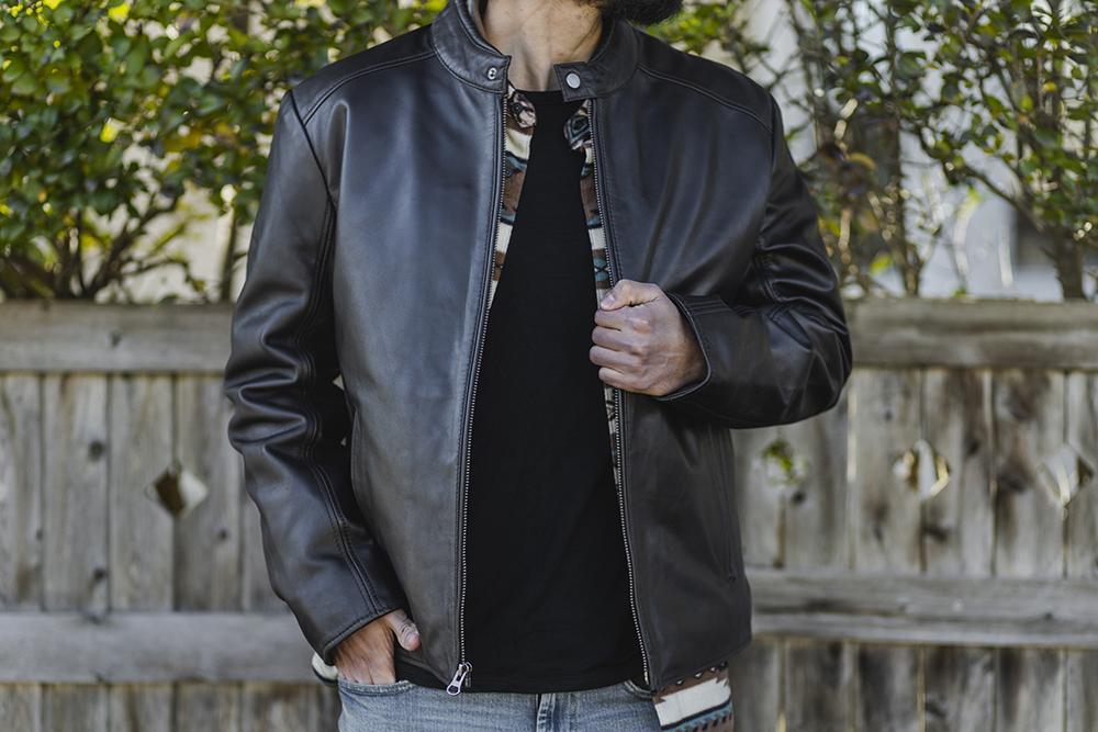 Blake Lambskin Leather Jacket featuring a scooter collar and multiple pockets, showcasing its premium quality and stylish design.