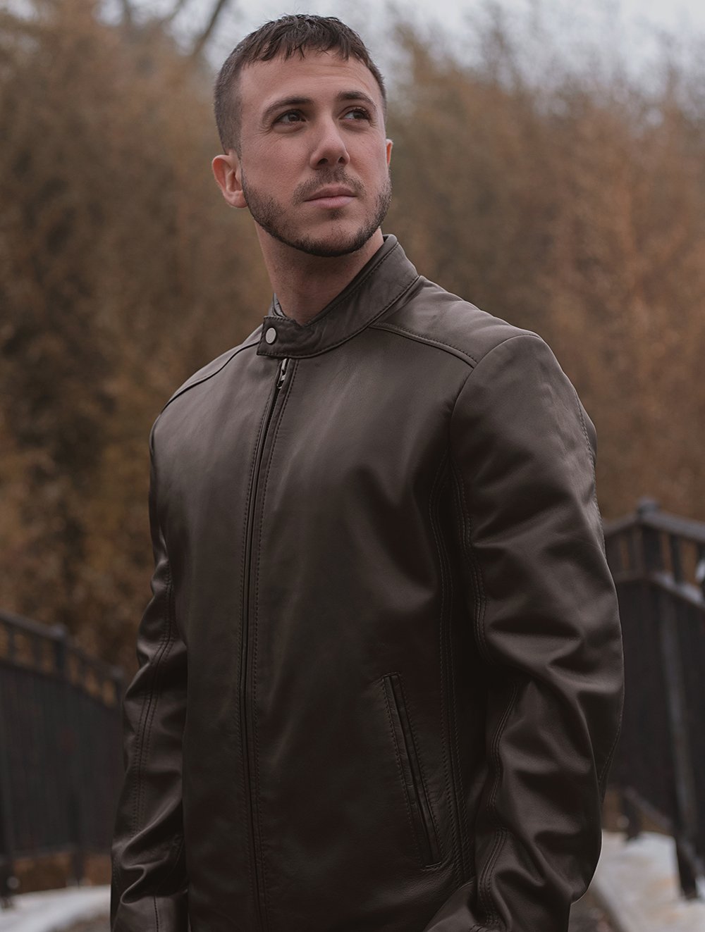 Blake Lambskin Leather Jacket featuring a scooter collar and multiple pockets, showcasing its premium quality and stylish design.