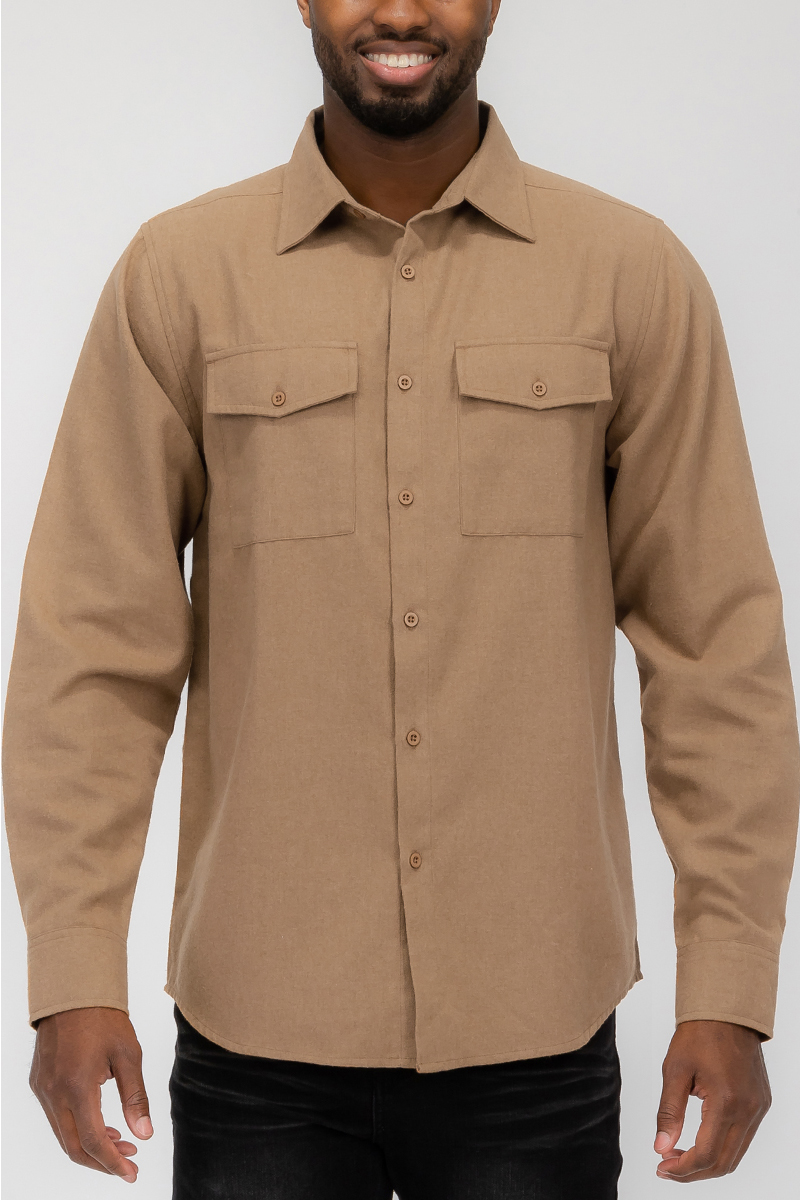 A stylish Blank Brushed Flannel shirt in solid color, featuring dual chest pockets and a comfortable fit, perfect for casual wear.