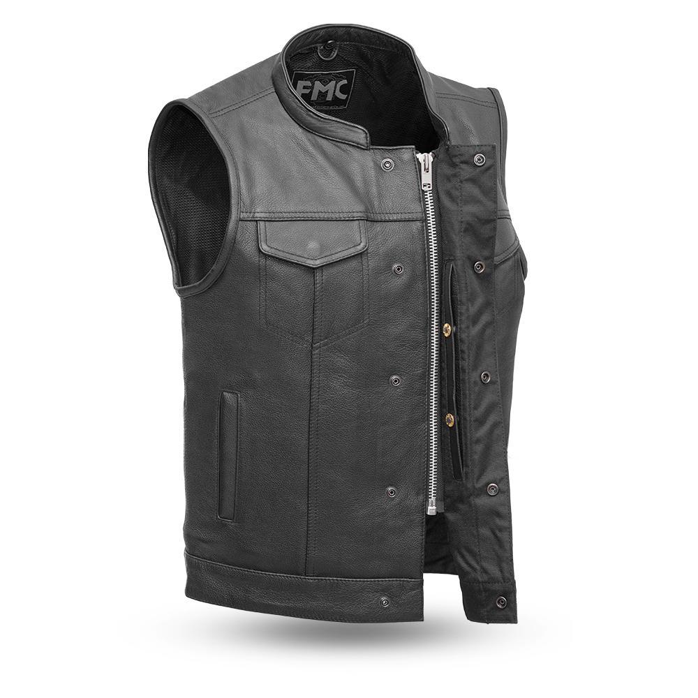 Blaster Men's Motorcycle Leather Vest made from premium cow leather, featuring a banded collar, multiple pockets, and YKK zippers.