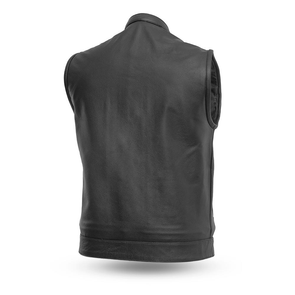 Blaster Men's Motorcycle Leather Vest made from premium cow leather, featuring a banded collar, multiple pockets, and YKK zippers.