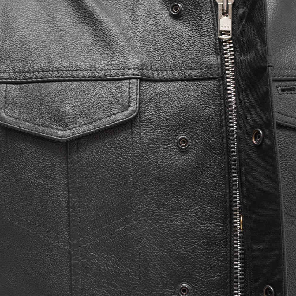 Blaster Men's Motorcycle Leather Vest made from premium cow leather, featuring a banded collar, multiple pockets, and YKK zippers.