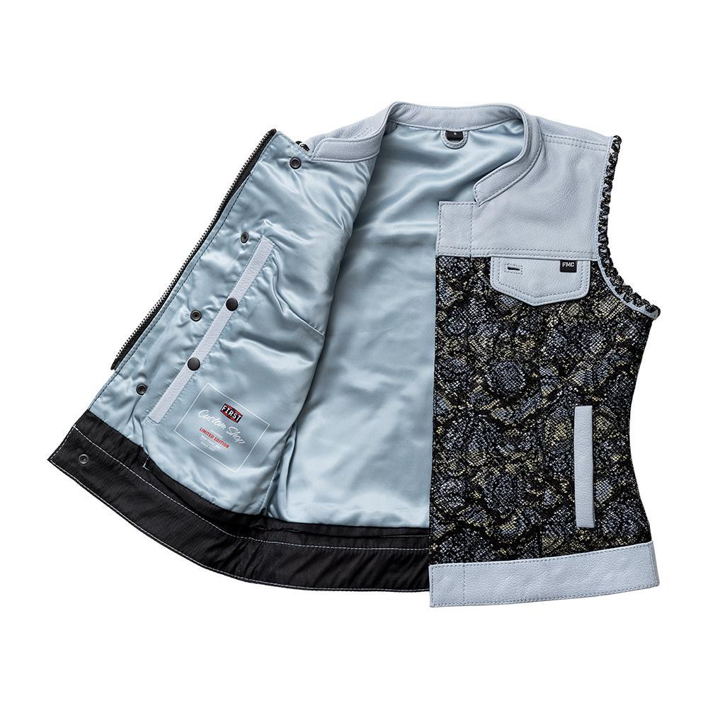 Blue Viper Women's Club Style Leather Vest featuring diamond naked cowhide leather accents and light blue inner lining.