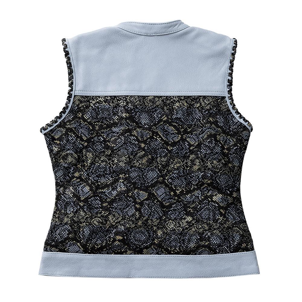 Blue Viper Women's Club Style Leather Vest featuring diamond naked cowhide leather accents and light blue inner lining.