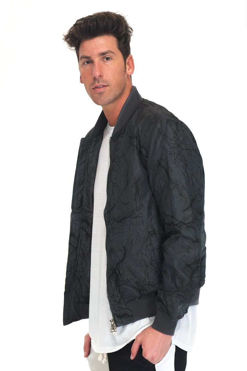 BOLT BOMBER JACKET featuring a thunder print in black, grey color, zipper closure, and ribbed cuffs, perfect for stylish windbreaker wear.