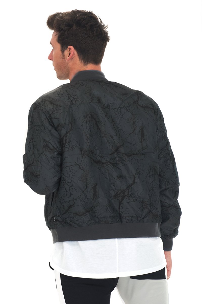 BOLT BOMBER JACKET featuring a thunder print in black, grey color, zipper closure, and ribbed cuffs, perfect for stylish windbreaker wear.