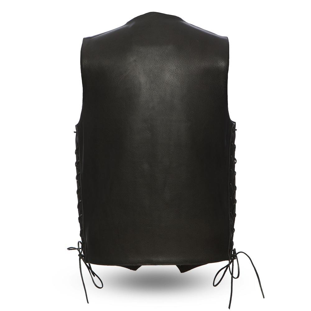 Bolt Men's Motorcycle Leather Vest made from genuine cowhide leather, featuring a V-neck style, button closure, and side lacing details.