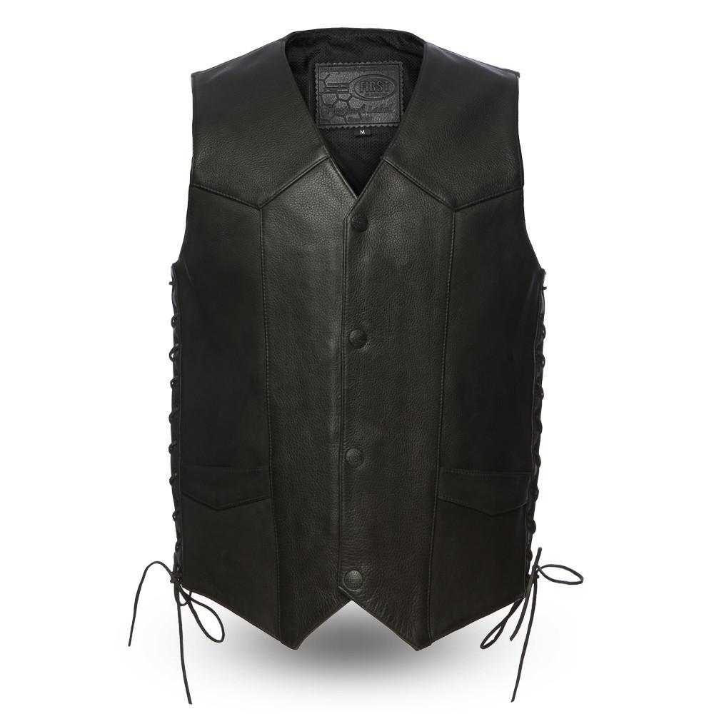 Bolt Men's Motorcycle Leather Vest made from genuine cowhide leather, featuring a V-neck style, button closure, and side lacing details.