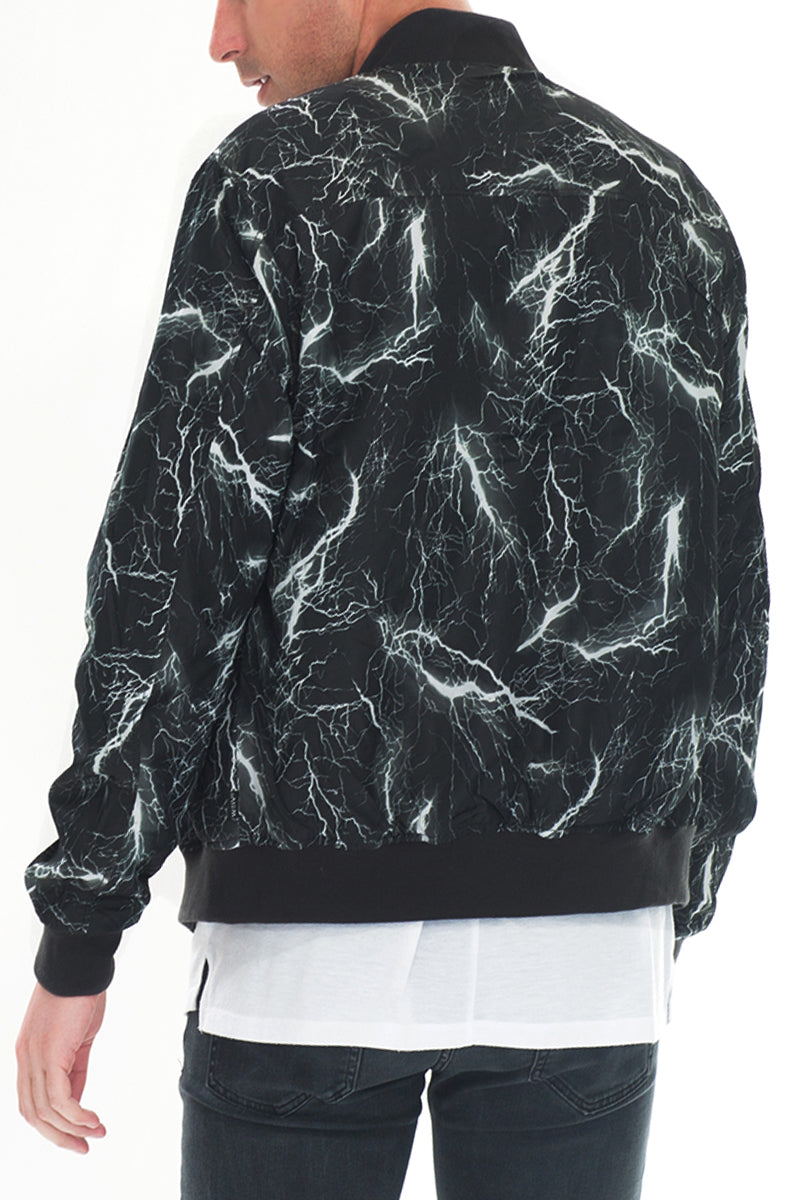 Black jacket with lightning pattern.