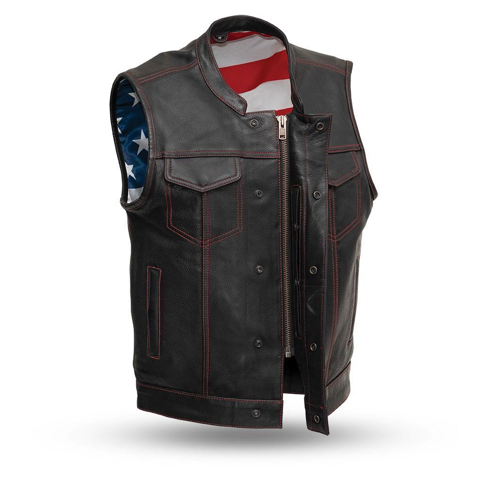 Born Free Motorcycle Leather Club Vest featuring red stitching, made from premium cowhide leather with concealed carry pockets.