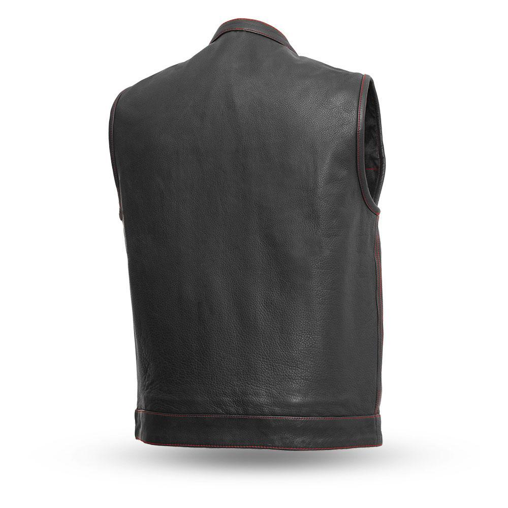 Born Free Motorcycle Leather Club Vest featuring red stitching, made from premium cowhide leather with concealed carry pockets.