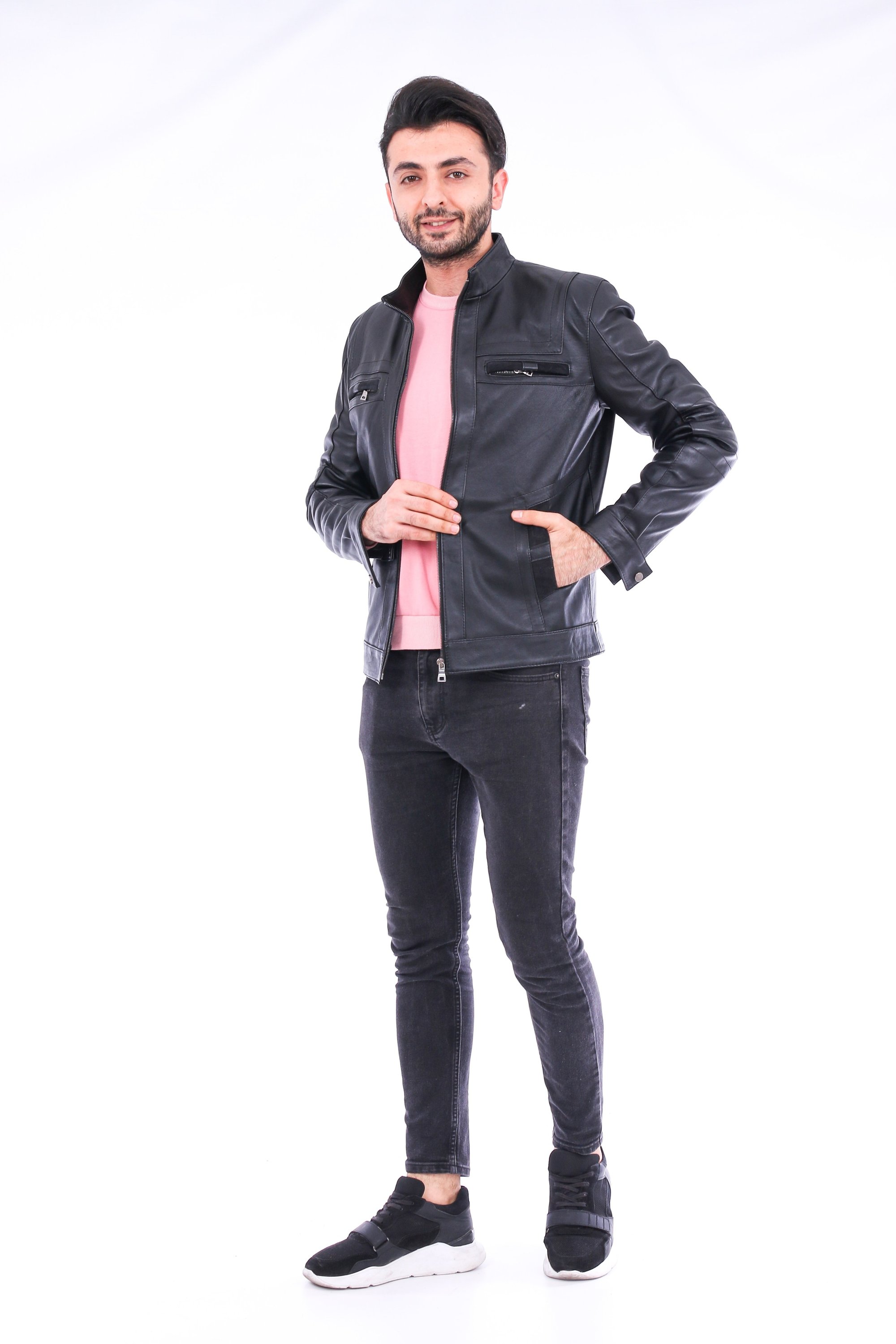 Bosco Leather Jacket made from premium sheepskin, featuring a band collar and zipper closure, with four outside pockets in classic black color.