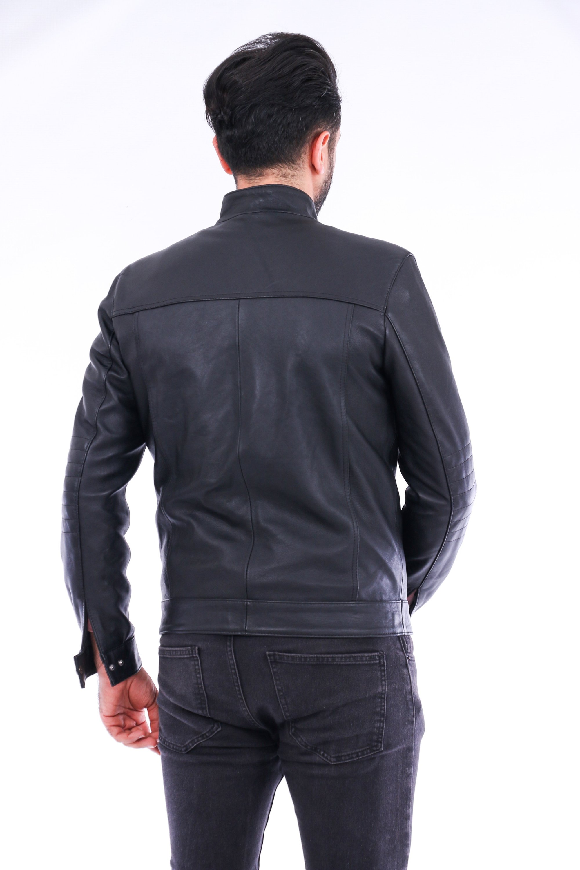 Bosco Leather Jacket made from premium sheepskin, featuring a band collar and zipper closure, with four outside pockets in classic black color.