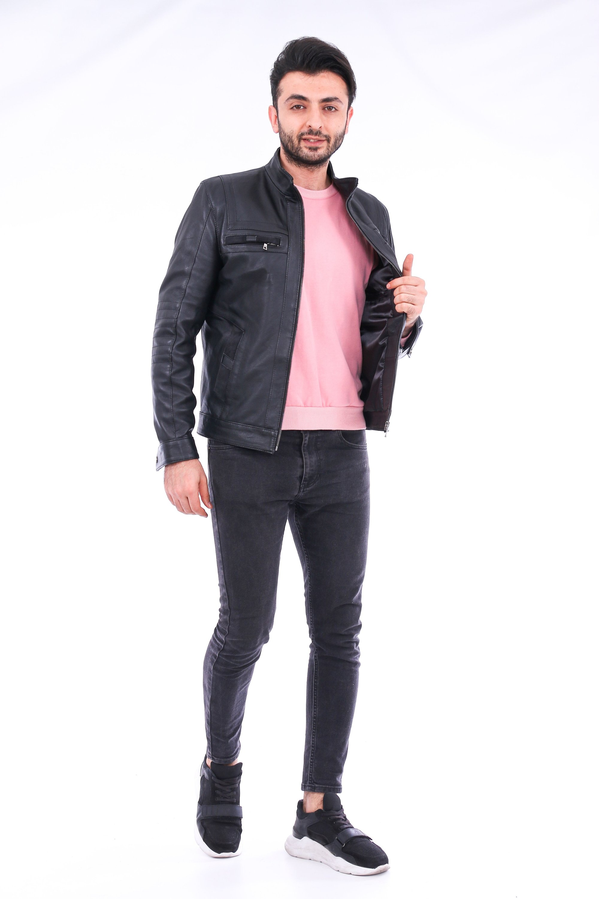 Bosco Leather Jacket made from premium sheepskin, featuring a band collar and zipper closure, with four outside pockets in classic black color.