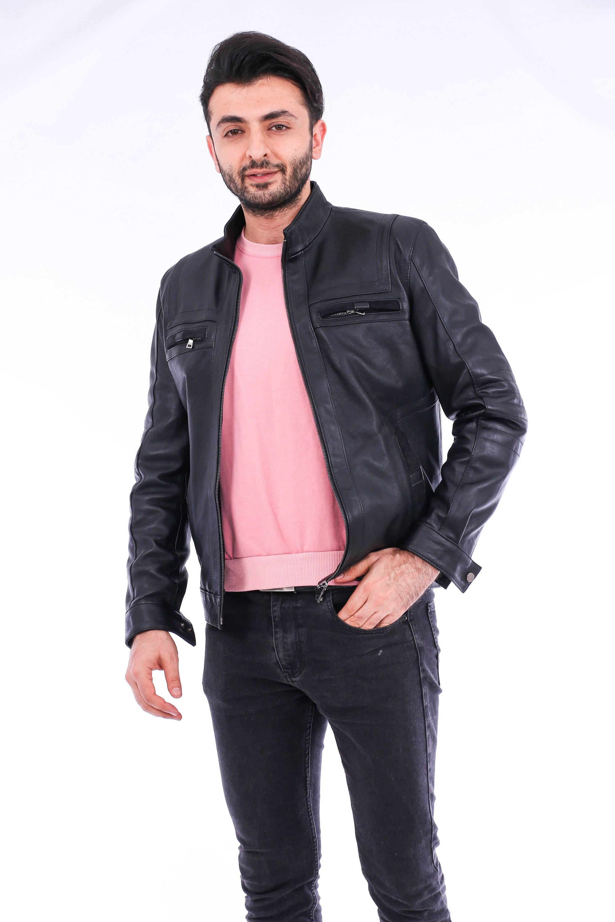 Bosco Leather Jacket made from premium sheepskin, featuring a band collar and zipper closure, with four outside pockets in classic black color.