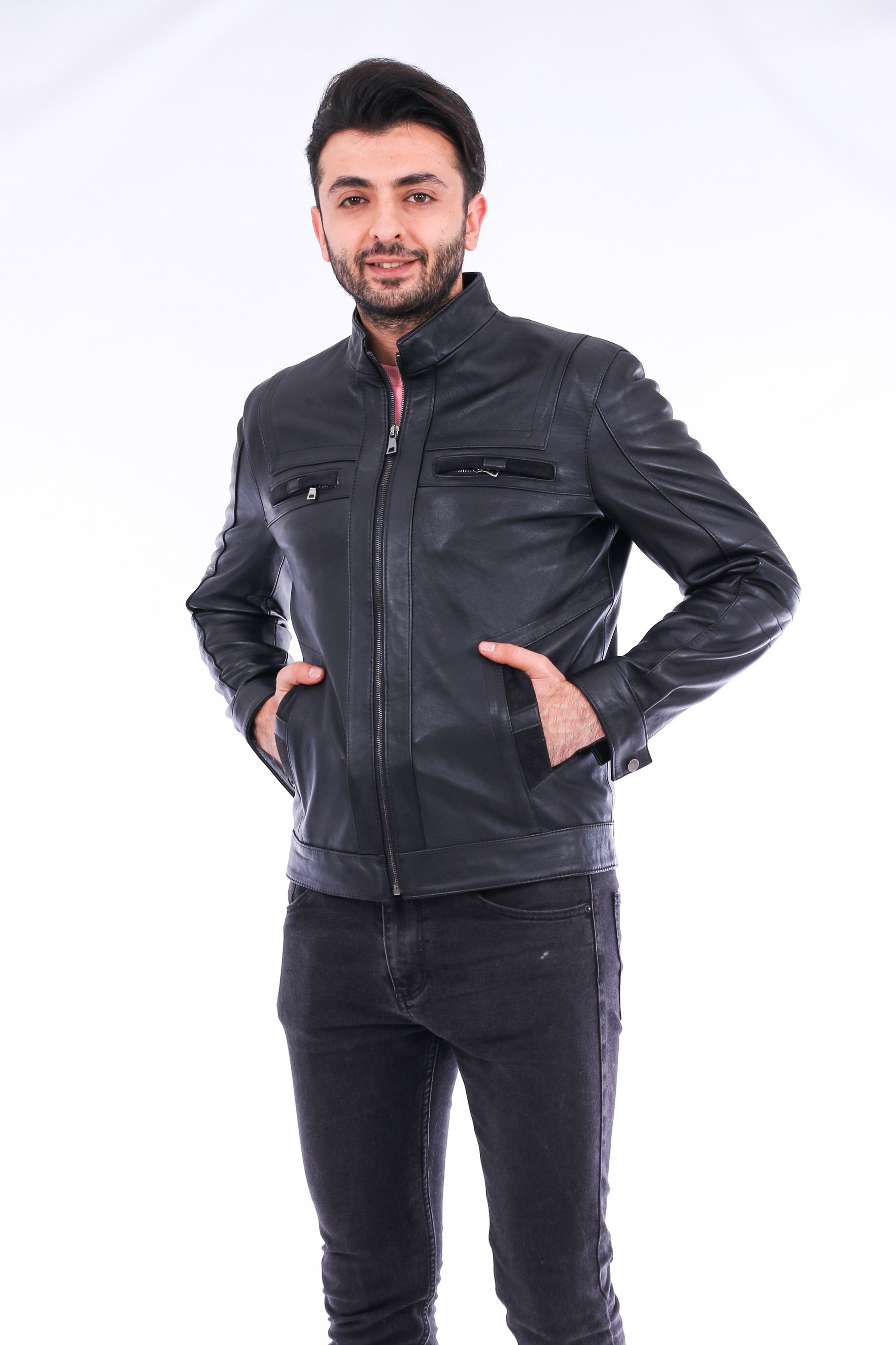 Bosco Leather Jacket made from premium sheepskin, featuring a band collar and zipper closure, with four outside pockets in classic black color.