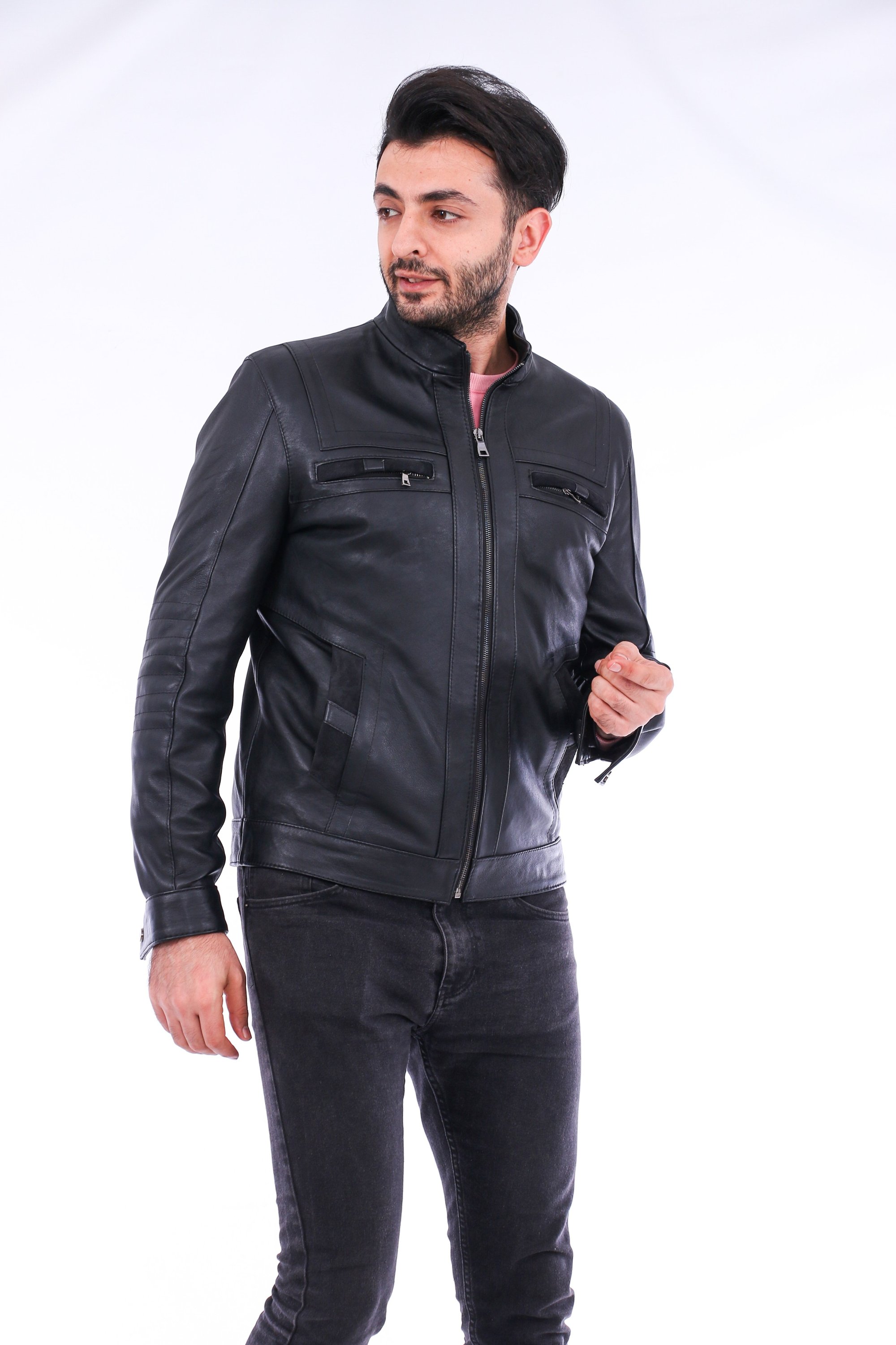 Bosco Leather Jacket made from premium sheepskin, featuring a band collar and zipper closure, with four outside pockets in classic black color.