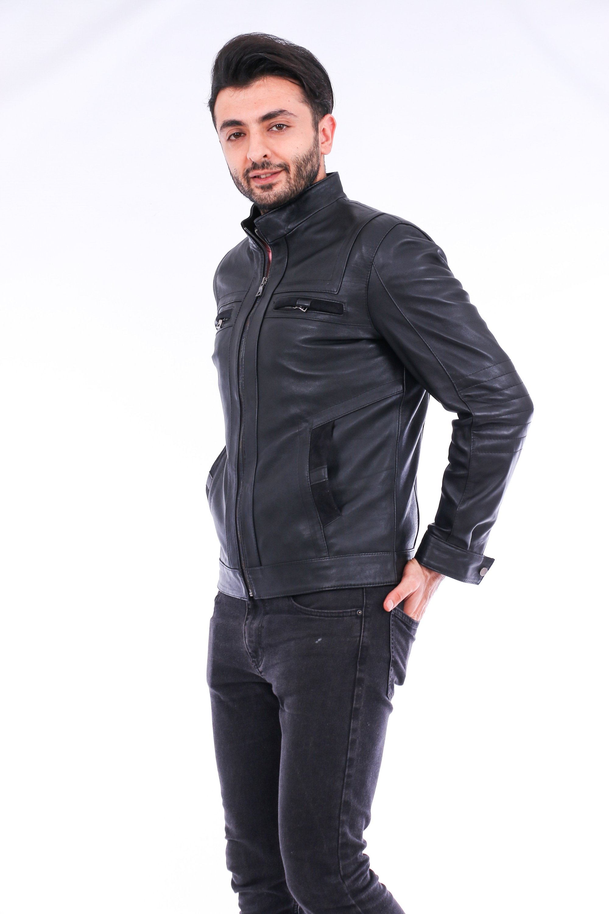 Bosco Leather Jacket made from premium sheepskin, featuring a band collar and zipper closure, with four outside pockets in classic black color.