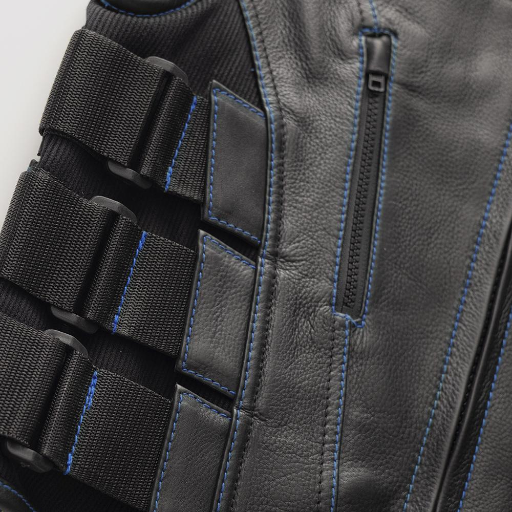 Boulevard Men's Swat Style Leather Vest featuring blue stitching and adjustable side panels, designed for style and functionality.