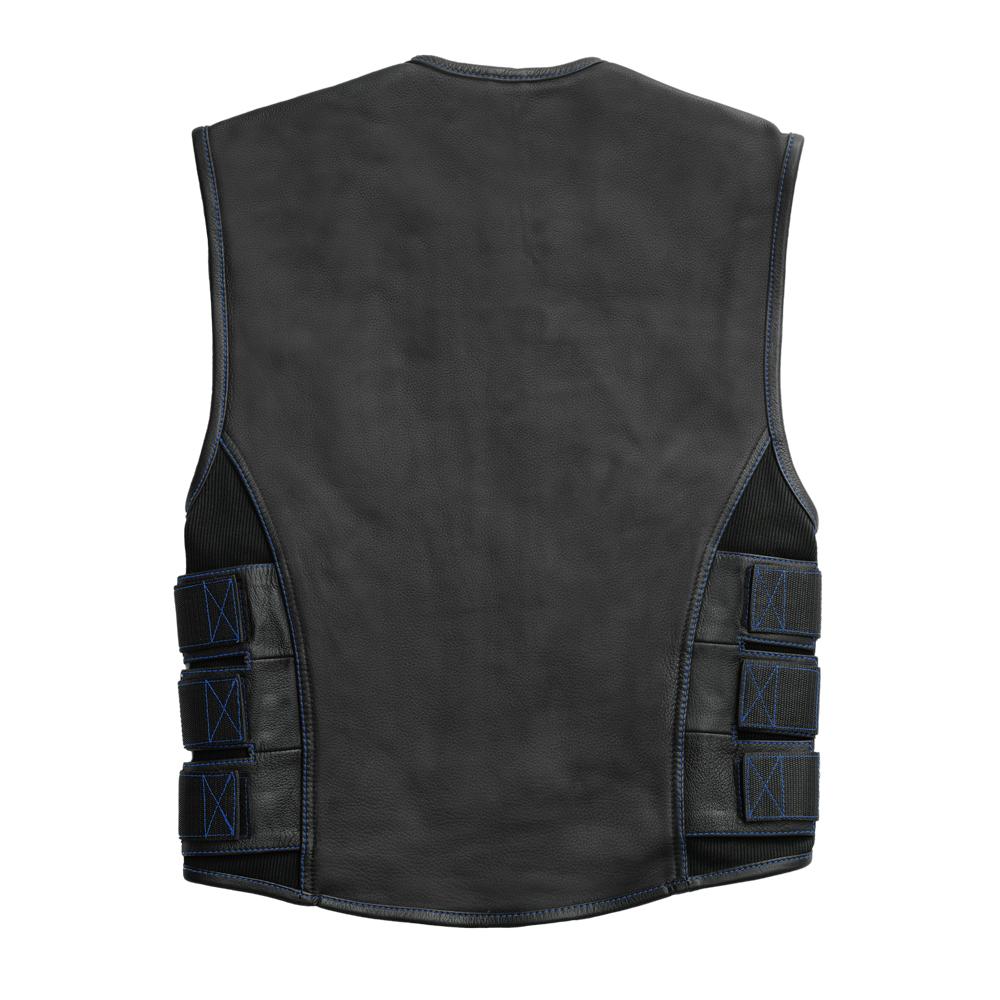 Boulevard Men's Swat Style Leather Vest featuring blue stitching and adjustable side panels, designed for style and functionality.