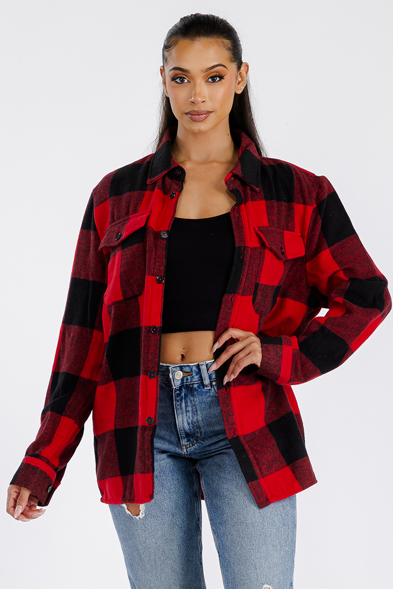 A stylish oversized flannel shacket for women, featuring a button closure and chest pockets, made from soft brushed fabric.