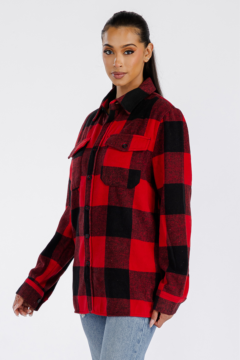 A stylish oversized flannel shacket for women, featuring a button closure and chest pockets, made from soft brushed fabric.