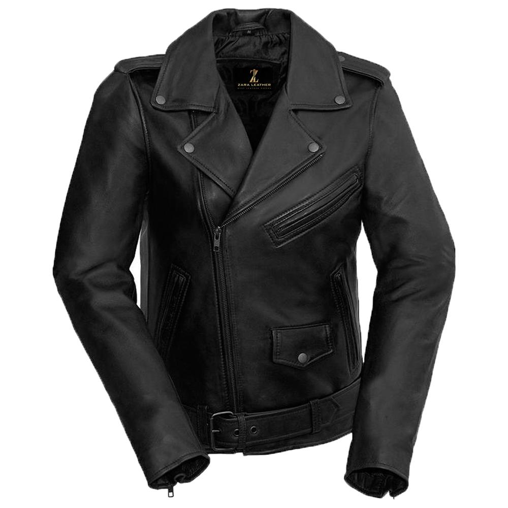 Brando Women's Leather Jacket in black, showcasing premium sheepskin material and stylish design with zippered pockets.