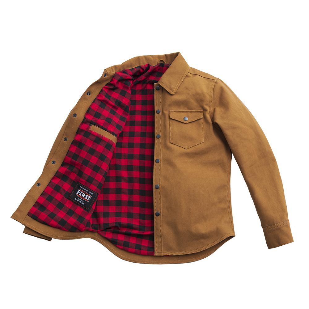 Brawn Men's 20oz Duck Canvas Shirt featuring a stylish collar, chest pockets, and flannel lining in black and red.