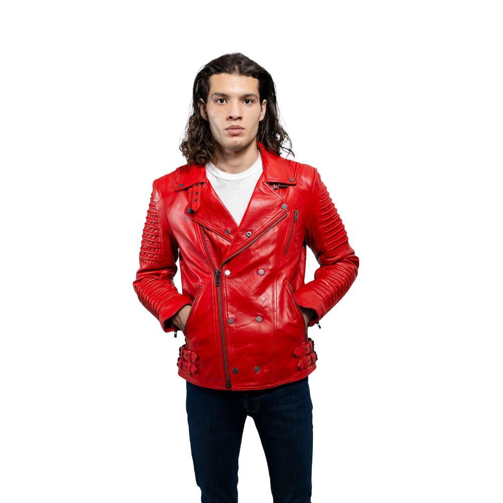 Brooklyn Men's Fashion Lambskin Leather Jacket in Fire Red with asymmetrical zippers and ribbed accents.