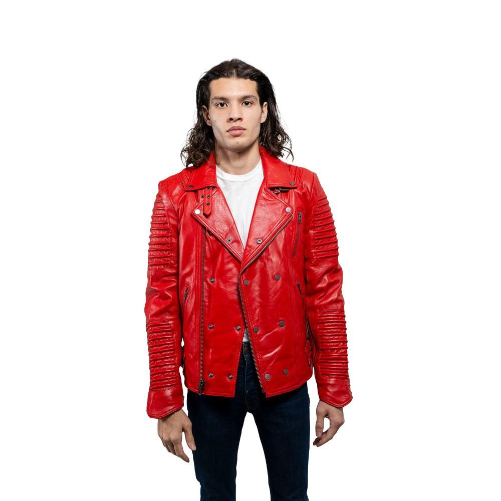 Brooklyn Men's Fashion Lambskin Leather Jacket in Fire Red with asymmetrical zippers and ribbed accents.