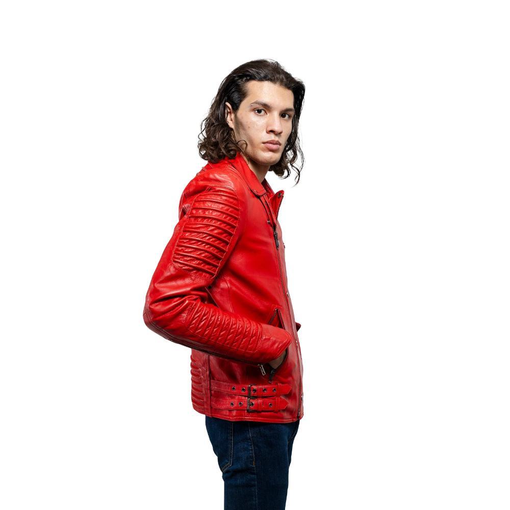 Brooklyn Men's Fashion Lambskin Leather Jacket in Fire Red with asymmetrical zippers and ribbed accents.