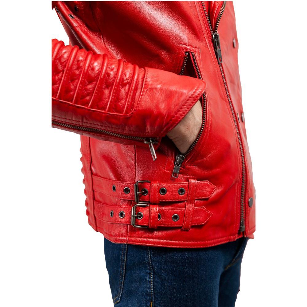 Brooklyn Men's Fashion Lambskin Leather Jacket in Fire Red with asymmetrical zippers and ribbed accents.