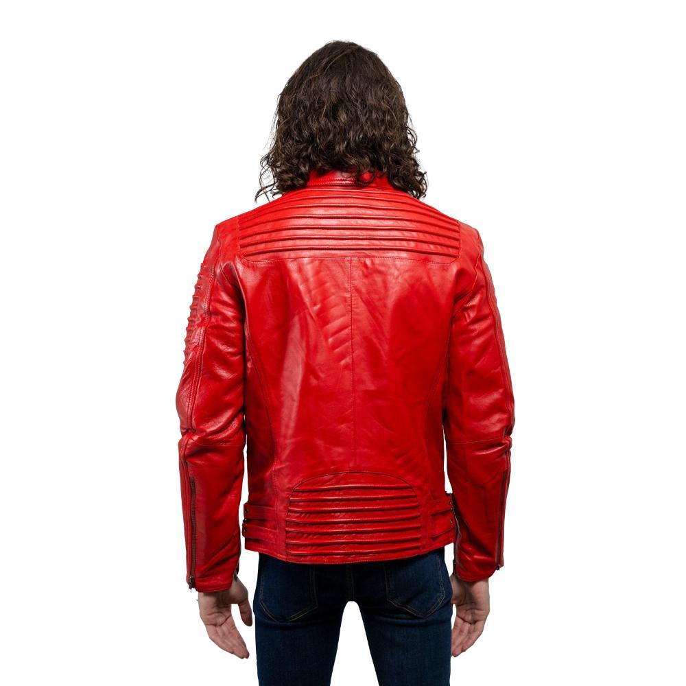 Brooklyn Men's Fashion Lambskin Leather Jacket in Fire Red with asymmetrical zippers and ribbed accents.