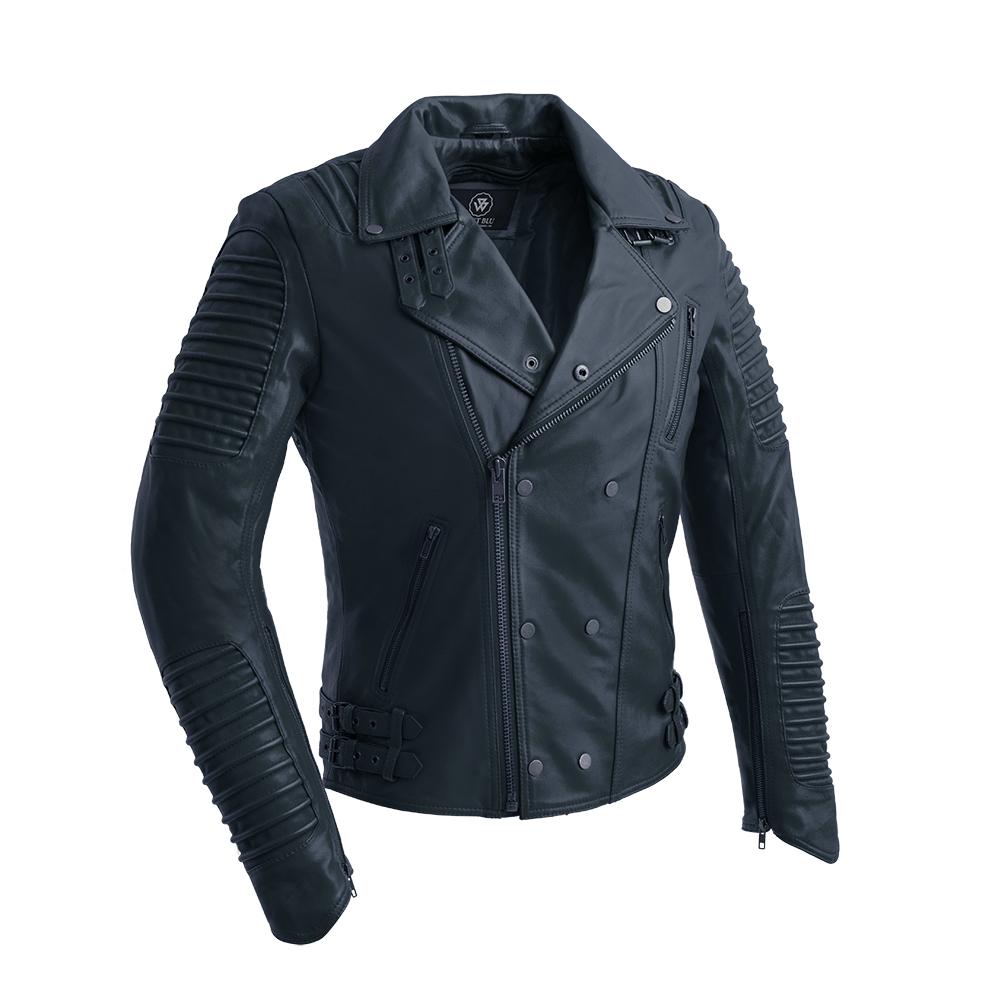 Brooklyn Men's Fashion Lambskin Leather Jacket in Navy Blue with asymmetrical zippers and ribbed accents.