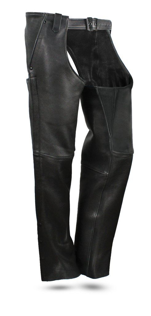 Bully Unisex Leather Chaps made from 1.4mm Platinum cowhide with heavy-duty hardware and zippers, featuring two side pockets and four snaps at the bottom.