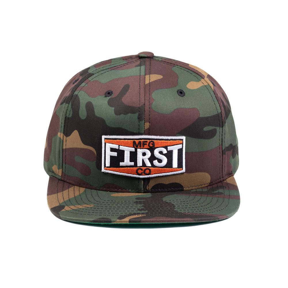 Camo Logo Hat featuring a full fabric camo print and flat brim with a logo patch.