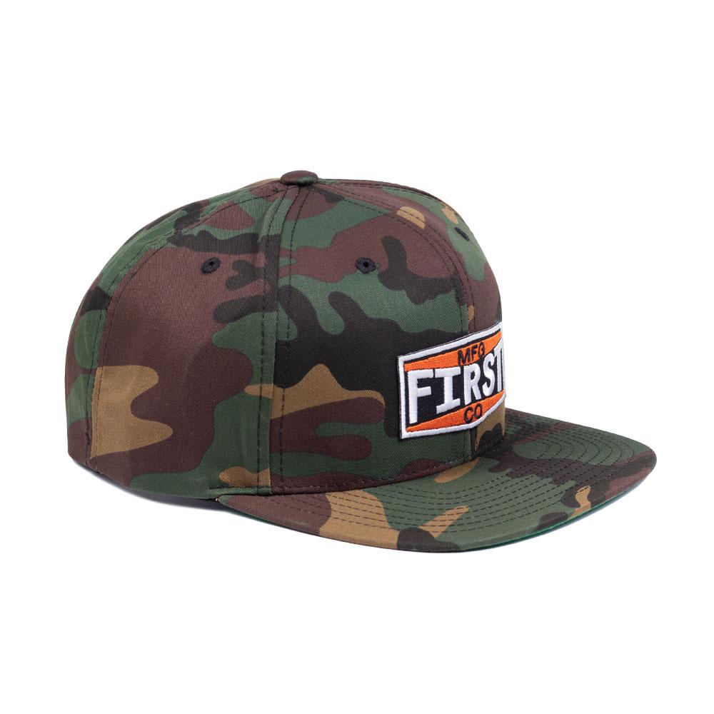 Camo Logo Hat featuring a full fabric camo print and flat brim with a logo patch.